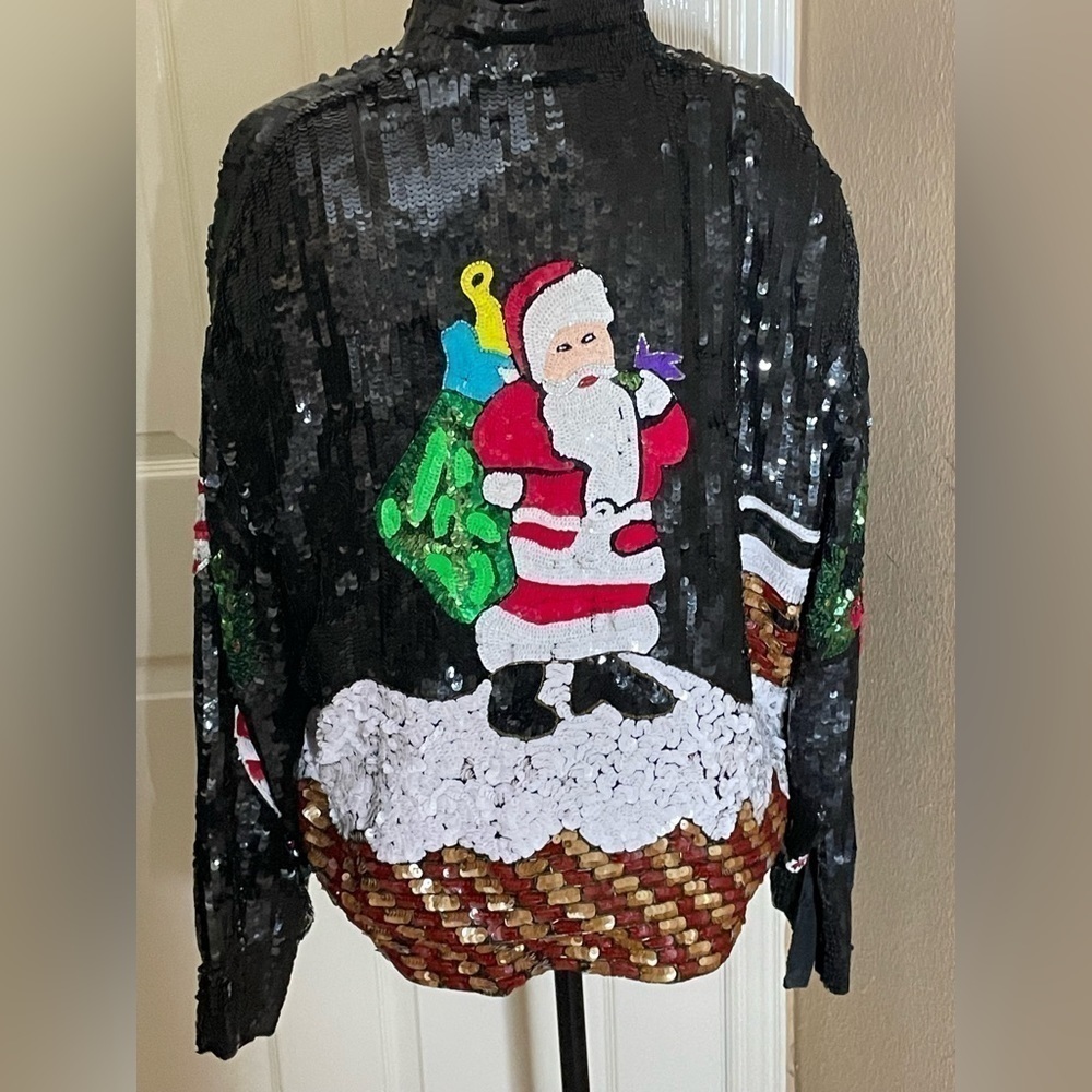 Vintage  Christmas Bomber Jacket Med  Silk Sequined All Over Party‌‌ - Picture 4 of 11